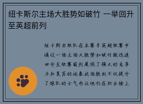 纽卡斯尔主场大胜势如破竹 一举回升至英超前列
