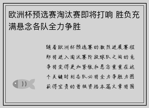 欧洲杯预选赛淘汰赛即将打响 胜负充满悬念各队全力争胜